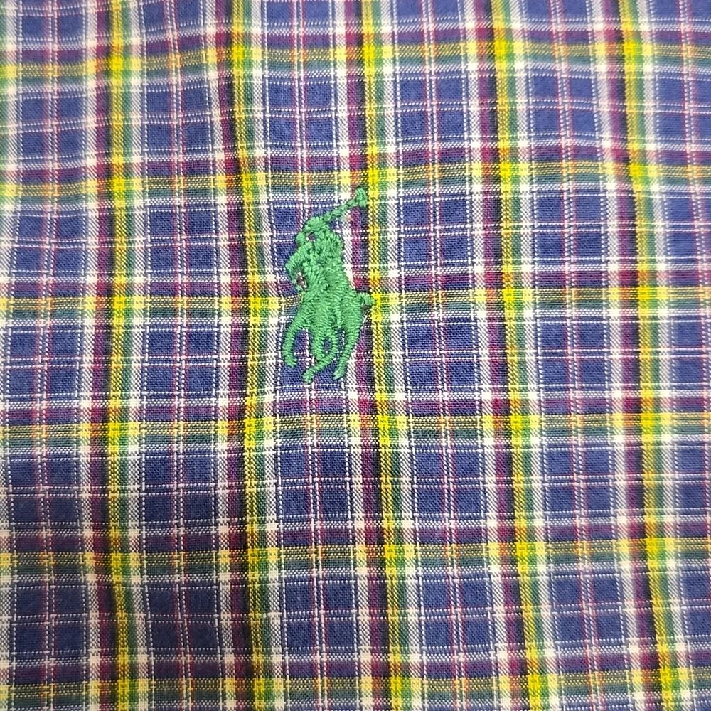 RALPH LAUREN BLUE,GREEN,YELLOW PLAID BUTTON-DOWN LONG SLEEVE W/ PONY LOGO. SZ 5.